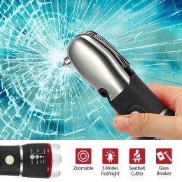 8 In 1 Multi Tool Hammer Zoomable LED Flashlight Emergency Auto Escape Tool