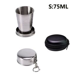 Stainless Steel Folding Cup; Portable Ultralight Collapsible Travel Cup; Outdoor Retractable Drinking Glass & EVA Case Set; Foldable Cup With Keychain (size: S 75ML)