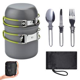 Outdoor Portable Cookware Picnic Tableware Cookware Combination Suitable For 1-2 People With A Set Of Cutlery (Color: Green Combination)