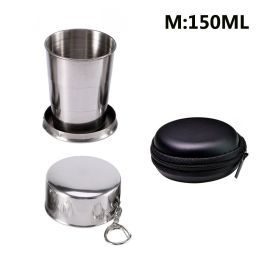 Stainless Steel Folding Cup; Portable Ultralight Collapsible Travel Cup; Outdoor Retractable Drinking Glass & EVA Case Set; Foldable Cup With Keychain (size: M 150ML)