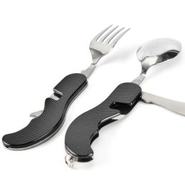 4 In 1 Outdoor Tableware Set Camping Cooking Supplies Stainless Steel Spoon Portable Fork Knife Multifunction Folding Portable Pocket Kits Bottle Open (Color: Black)