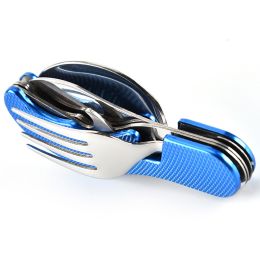 4 In 1 Outdoor Tableware Set Camping Cooking Supplies Stainless Steel Spoon Portable Fork Knife Multifunction Folding Portable Pocket Kits Bottle Open (Color: Blue)