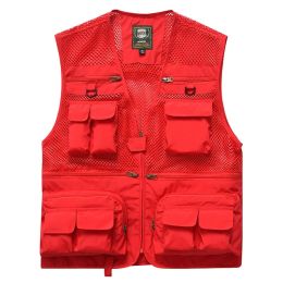 Men's Vest Tactical Military Outdoor Multi-Pockets Jacket Zipper Sleeveless Travels Male Photography Fishing Men (Color: Red, size: L)