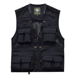 Men's Vest Tactical Military Outdoor Multi-Pockets Jacket Zipper Sleeveless Travels Male Photography Fishing Men (Color: Black, size: 2XL)