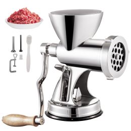 Multifunctional Crank Meat Grinder Manual 304 Stainless Steel Hand Operated Meat Grinder (Color: Silver, size: 9.6")
